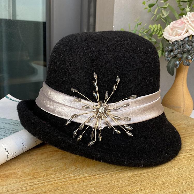 Curled Fashion Versatile Bucket Hat Women'S Elegant Diamond Buckle Decorative Wool Knitted Basin Hat Autumn And Winter Warm French Top Hat