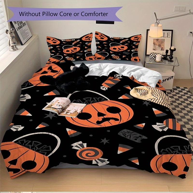 3Pcs Pumpkin, Halloween Printed Bedding Set, Breathable And Soft, Machine Washable, Christmas Gift, Suitable for Bedroom Decoration, 15144