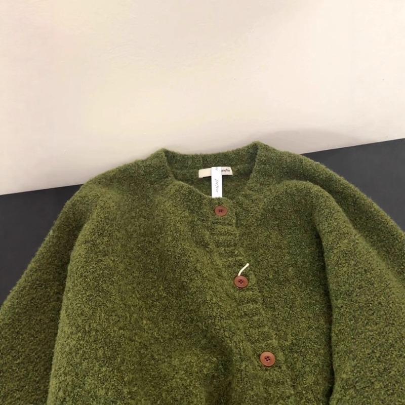 Retro avocado green crew neck knitted cardigan women's autumn and winter soft waxy loose thickened sweater jacket premium top