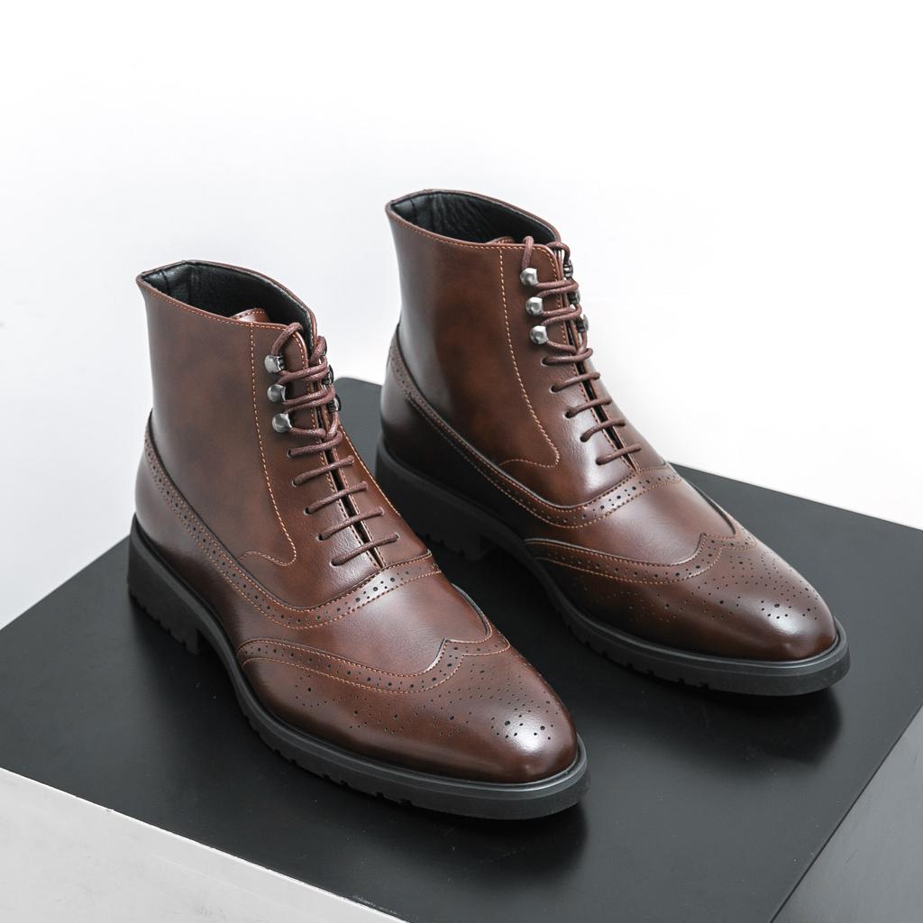 Mens Brogue Chelsea Boots Fashion Ankle Boots Casual Short Boots Business Leisure High-Top Pointed Toe Shoes Elegant Black Boots
