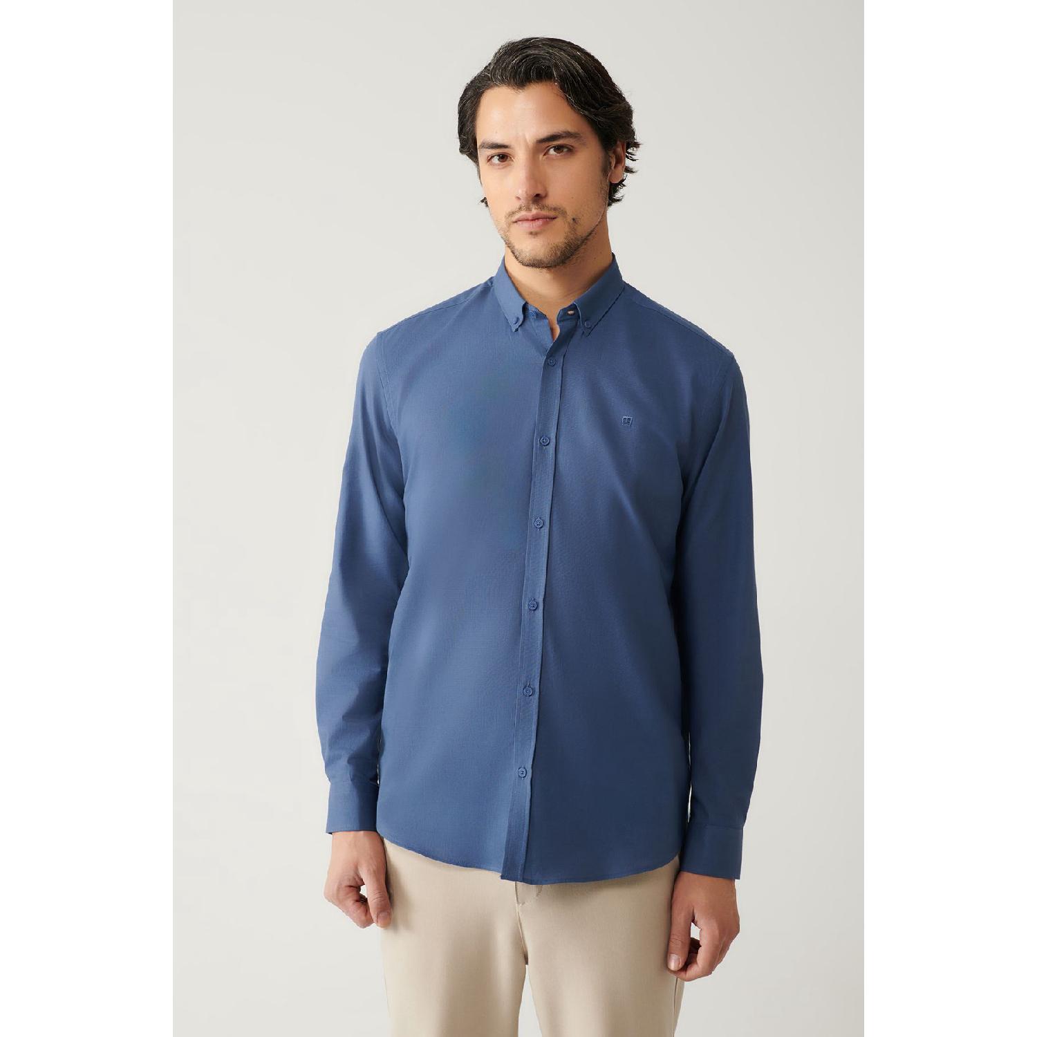 

Мужская рубашка цвета индиго с воротником на пуговицах, комфортный покрой, 100% хлопок, лен, текстурированный E002141 S