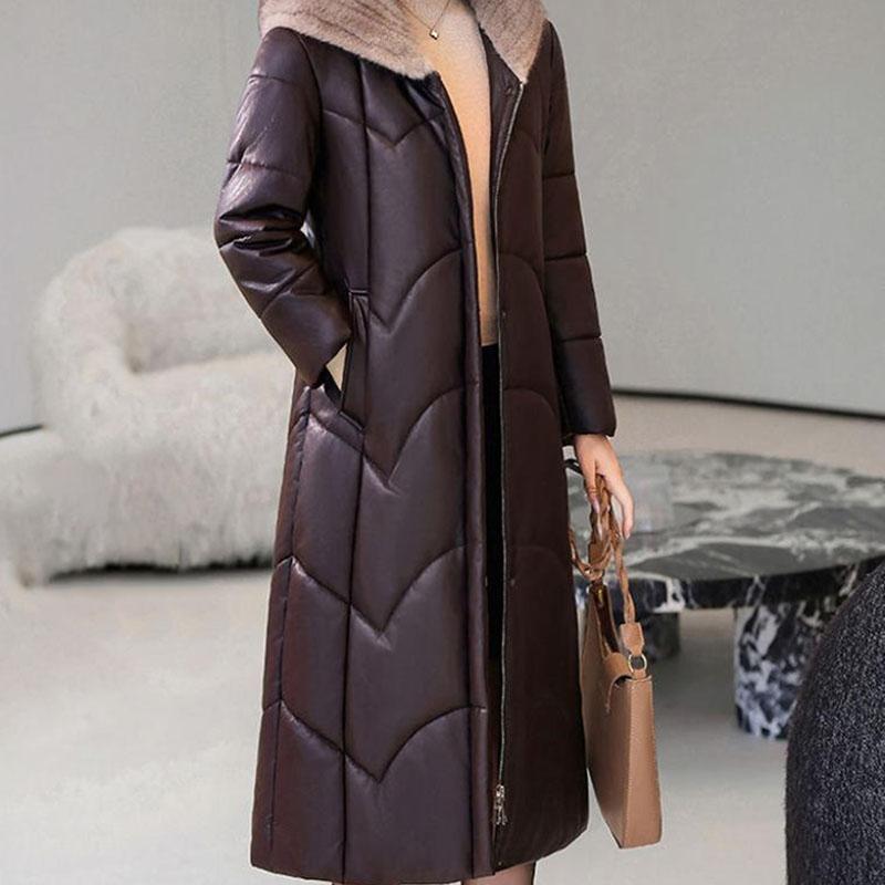 Winter Genuine Leather Jacket  Windproof Long Sheepskin Coat Slim Hooded Alpaca Overcoat