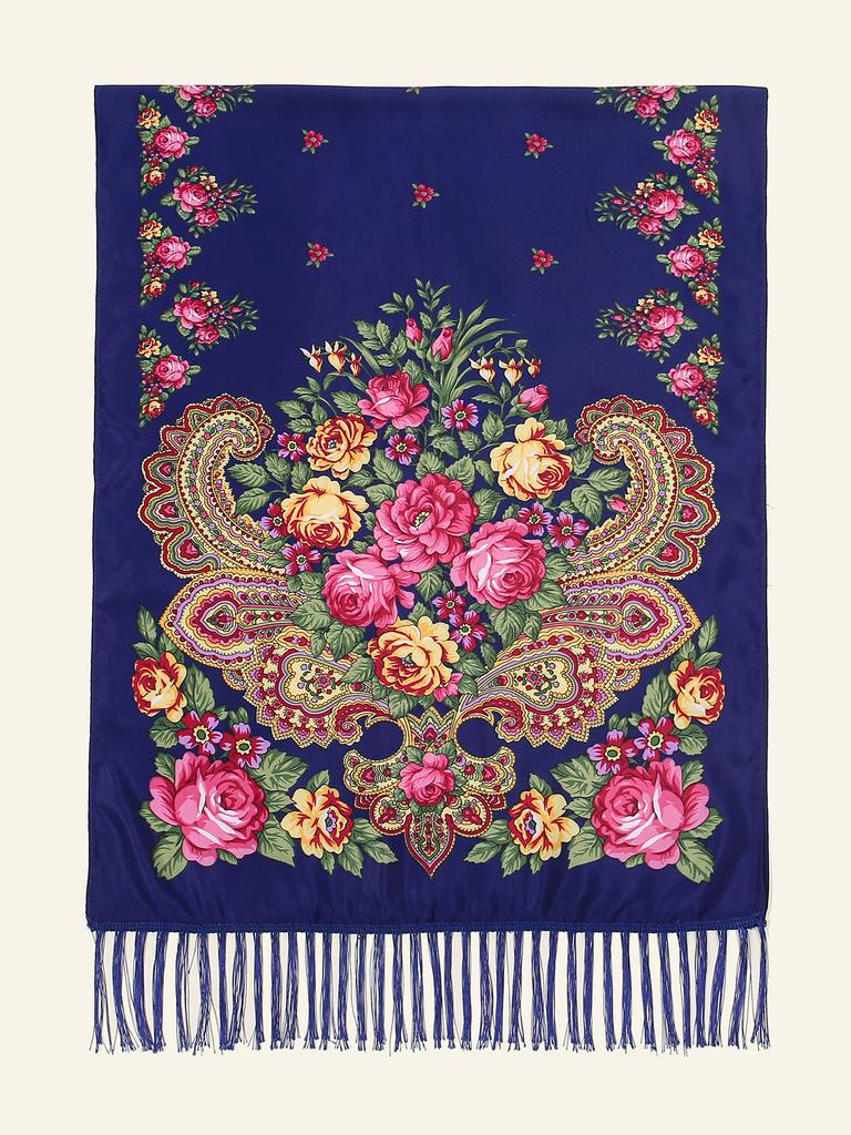 Flower Print Black Tassel Scarf Vintage Windproof Shawl Women Outdoor Windproof Head Wrap Boho Hijab Turban 170*65Cm