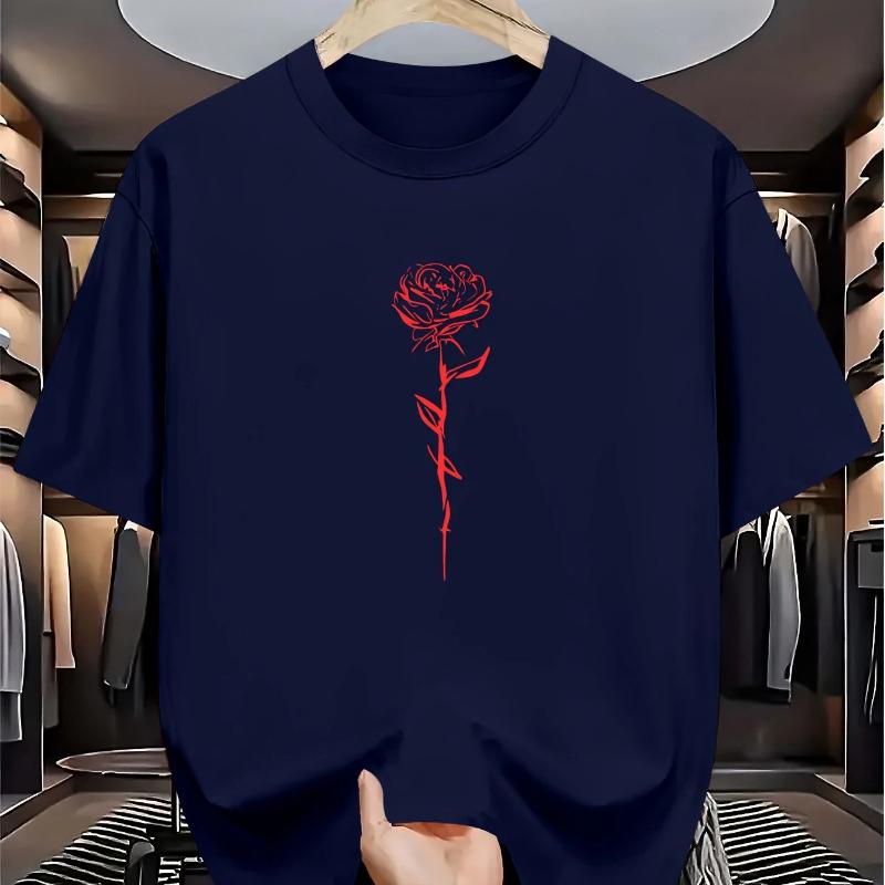 Herren Sommer Kurzarm Rundhals T-Shirt - Lässiges Sportswear Layering Basic Shirt, Geometrischer Rosenprint,