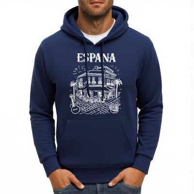 Spanien Lokale Architektonische Merkmale Druck Herren Kapuzenpullover Mehrfarbig Taschen-Hoodies Lässiger Fleece-Hoodie Bequeme Hip-Hop-Pullover