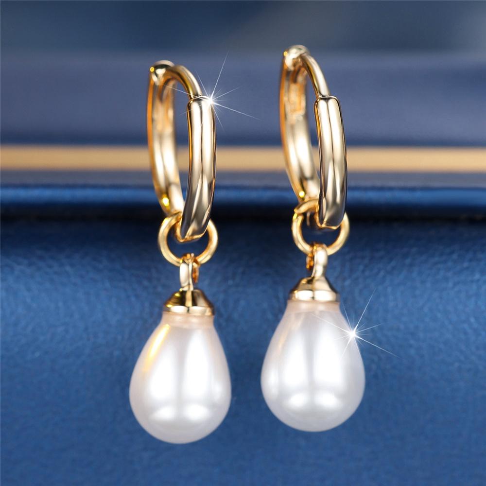 Pendientes de Aro con Piedra Blanca Perla Gota de Agua Vintage Moda Color Oro Plata Boda Para Mujeres