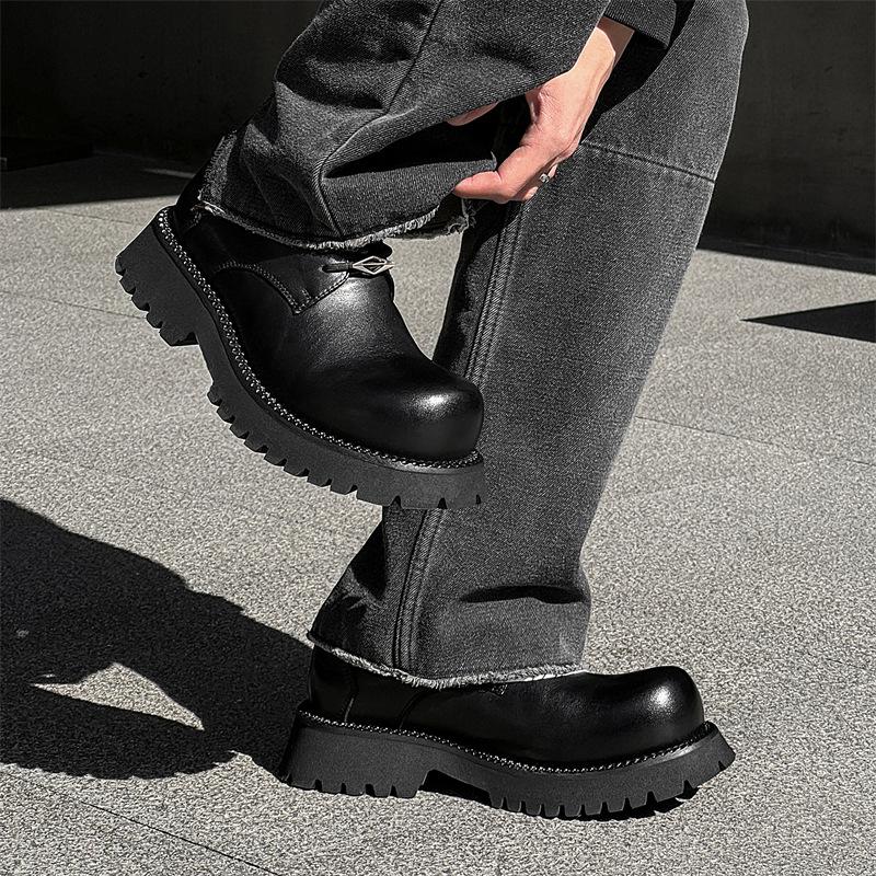 Niche design sense upturned head black derby shoes casual commuting leather shoes men's autumn and winter big head shoes men's shoes 98089-J