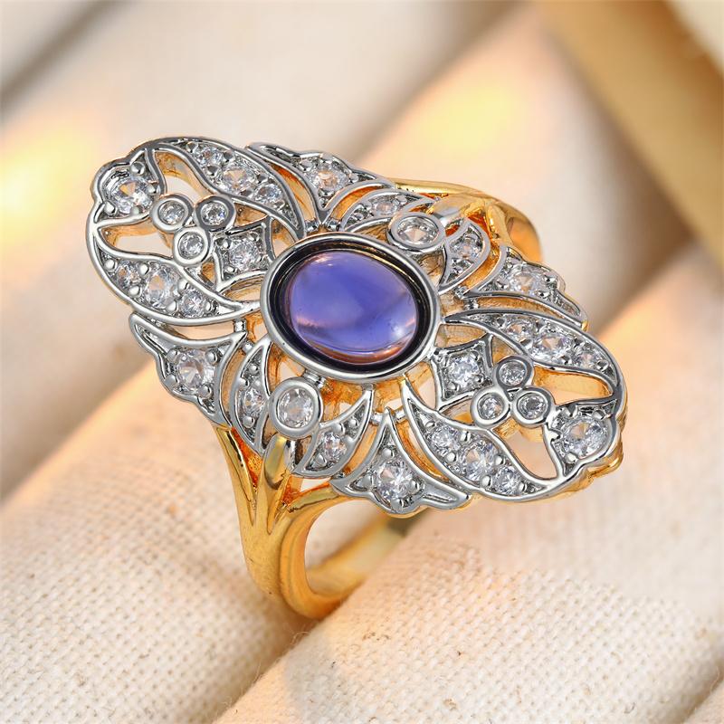 Vintage Inlaid Purple Stone CZ Women's Ring Ethnic Two Color Hand Carving Daily Wear Party Jewelry Anniversary Gift