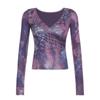 French Romantic Purple V-Neck Pleated Waist Retro Top with Long Sleeves