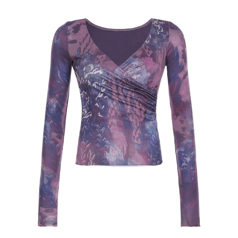 French Romantic Purple V-Neck Pleated Waist Retro Top with Long Sleeves