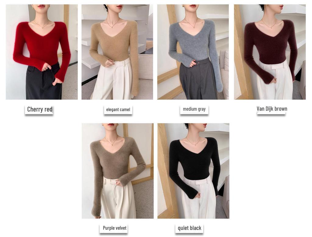 Women's V-Neck Cashmere Pullover - Loose Fit Solid Color Base Layer for Autumn/Winter