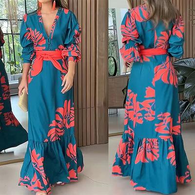 Primavera Nuevo Vestido de Moda y Temperamento para Mujer Estampado Baita Falda Larga Vestido con Cintura Lazo