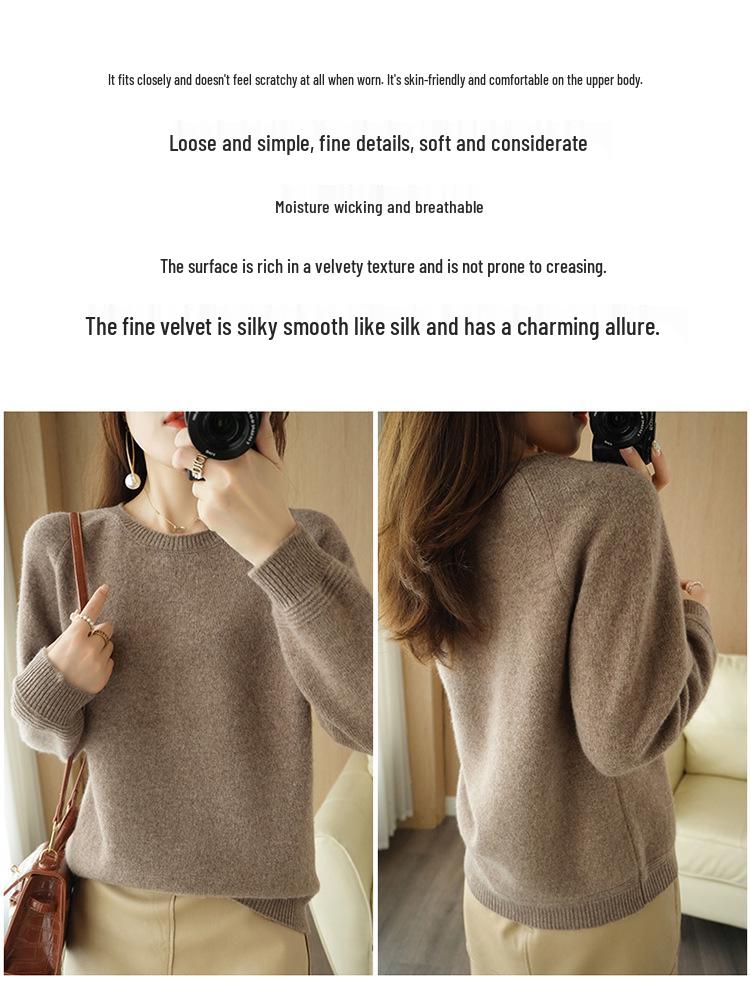 Women's 100% Wool Round Neck Sweater - Autumn/Winter Style, Long Sleeve, Loose Fit, Versatile Short Knit Base Layer