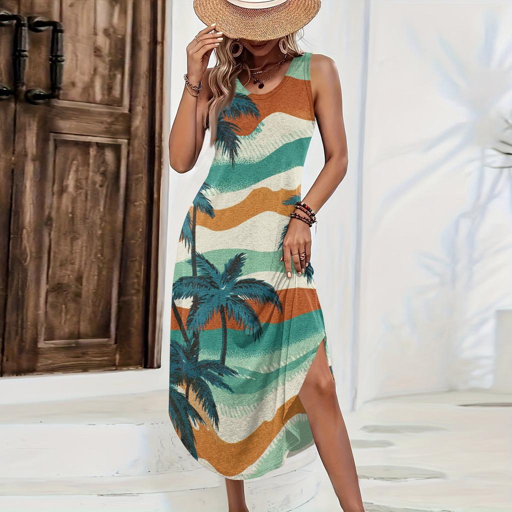 Women Sleeveless Maxi Dress Casual Loose Fit Summer Beachwear Hawaiian Print Long Dress with Side Slit for Daily Wear