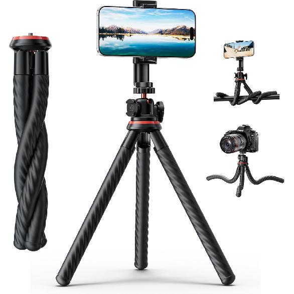 Camera Tripod, Gliship Portable Flexible Tripod for iPhone Double 360°Rotation Adjustable Mini Tripod with Hidden Phone Holder Cold Shoe Mount 1/4''