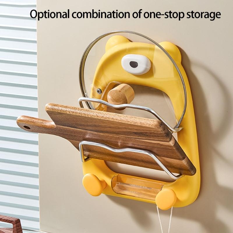 Space Efficient Cookware Shelf For Kitchen Wall Mount Cutting Board Holder Cartoon Bear Pot Lid Storage Stand