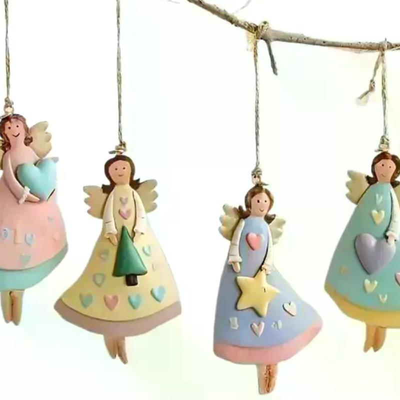 4PCS/Set Vintage Angel Hanging Decor Fantasy Wooden Xmas Tree Hanging Ornament Decor For Home New Year Gift Christmas Decor