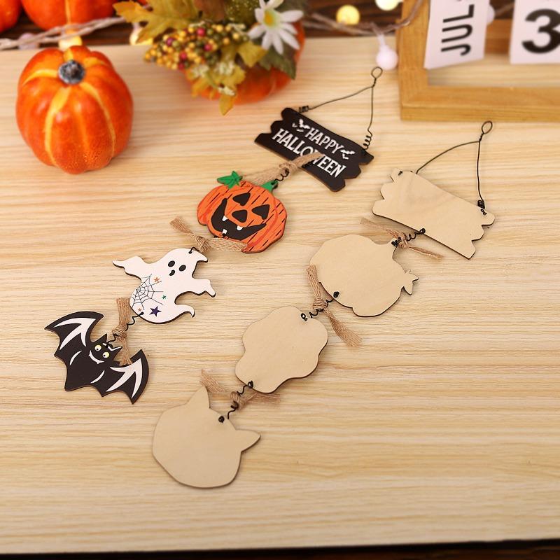 2PcsNew Halloween Decoration Wooden Sign Door Hanger Pumpkin Ghost Ornament Set Creative Hanging Decor for Seasonal Home Display