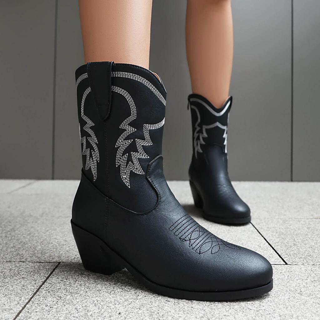 Cowboy Winter Boots for Women Ankle Boots Wide Calf Leather Heels Shoes 2025