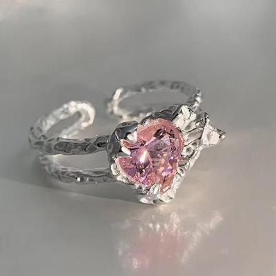 Adjustable Pink Heart Zircon Ring: Irregular Luxury and Trendy Style