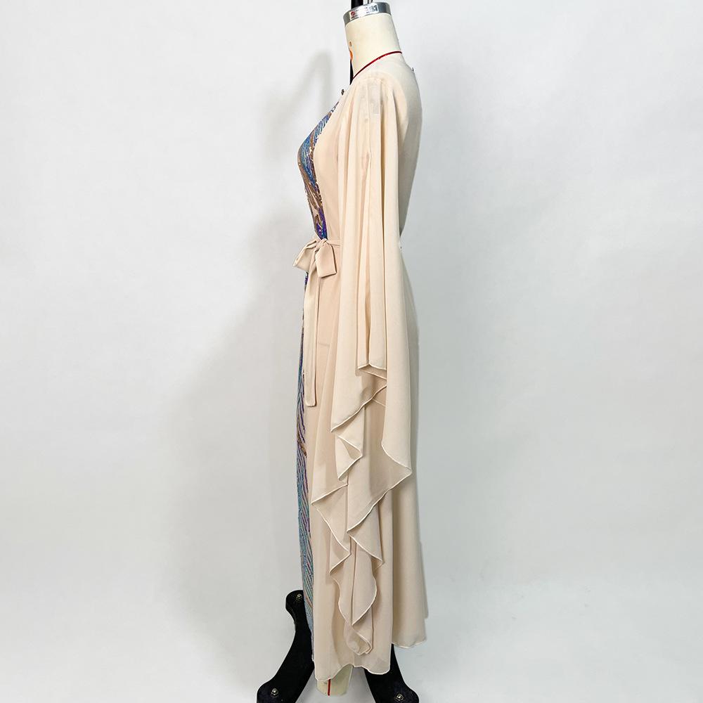 Gold Multi-layer Lotus Leaf Sleeve Positioning Sequin Embroidery Light Luxury Robe Muslim Dress