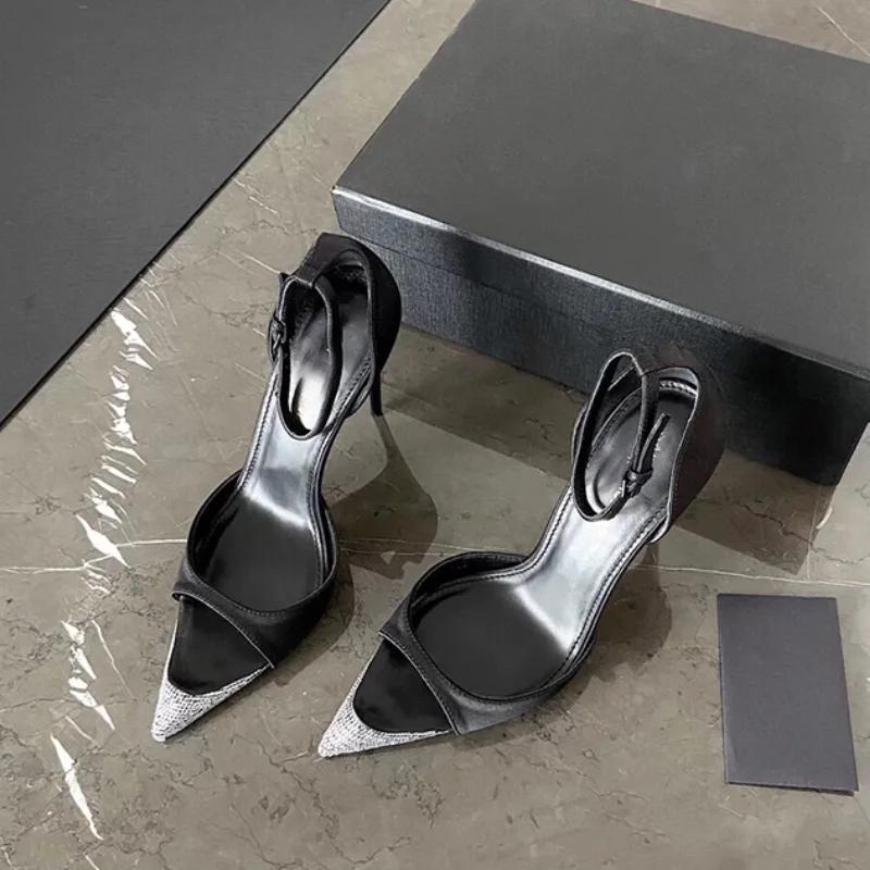 Fashion Sexy Pointy Stiletto Sandals Women'S New Rhinrhinous Hollow Sexy Open Toe Satin High Heels Women