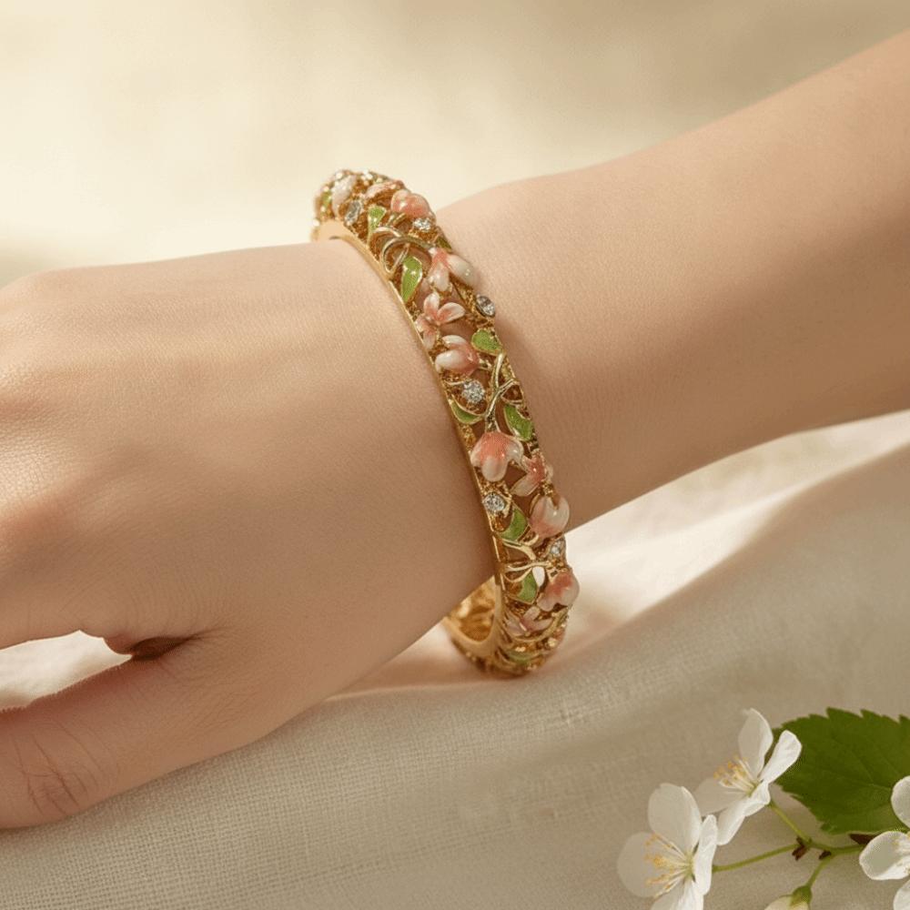 Hollowed Floral Chinese Flower Bangle Enamel Women's Hand Bracelet Gifts for Women Girl