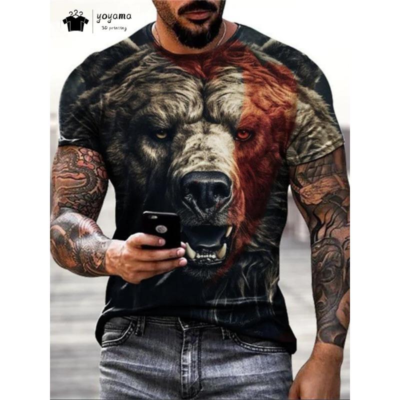 Hip Hop 3D Bear Print Men's Short Sleeve Summer Party Men's T-Shirt Vintage Round Neck Men's Top Casual Oversized Men's Clothing
