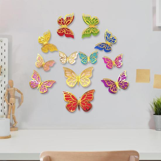 12 Pcs 2 Layer Wings 3D Butterfly Wall Decals Removable Glitter Hollow Butterfly Wall Sticker DIY Room Mural Art