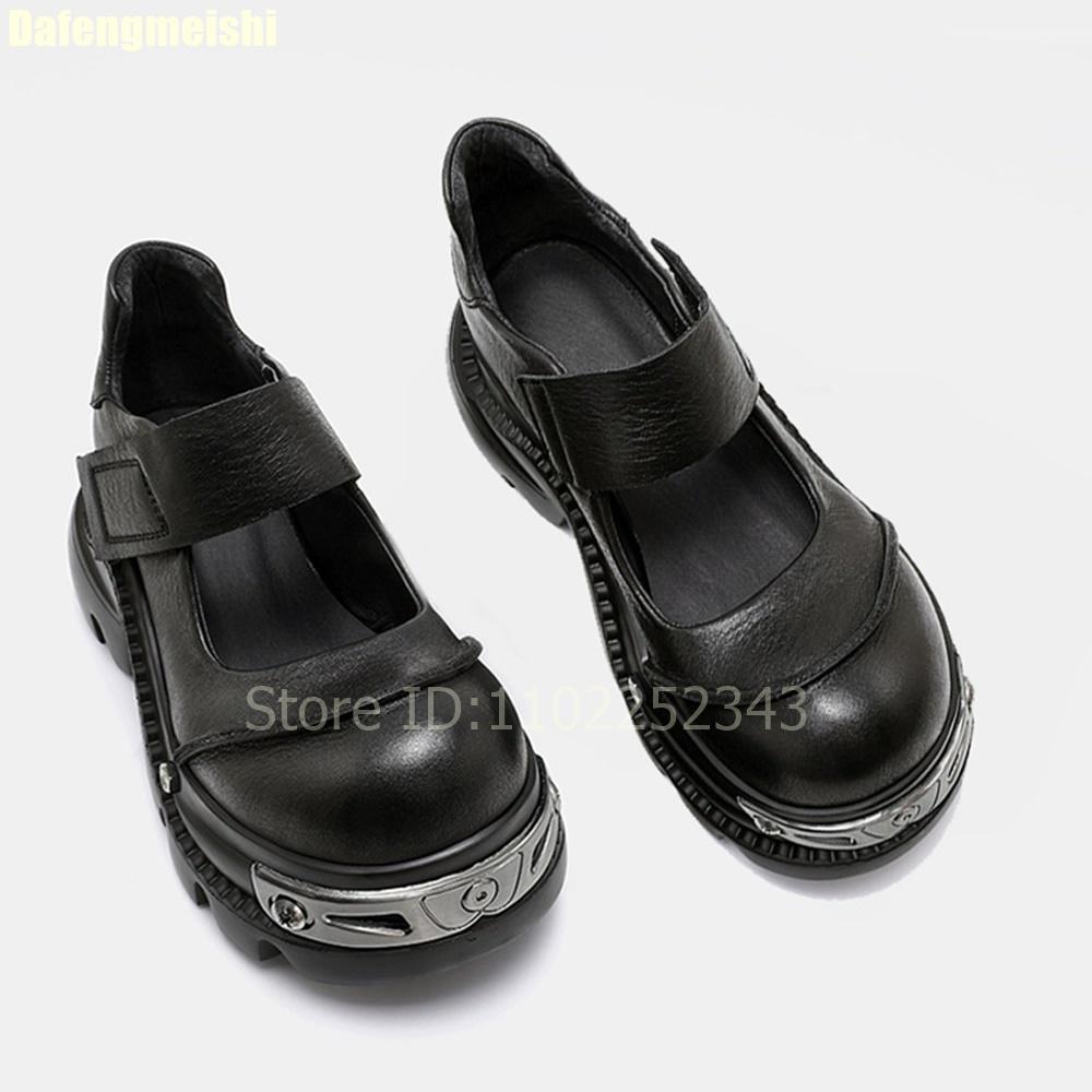 Fashion 2025 New Thick-Soled Mary Jane Shoes Women Punk Style Summer Shallow Round Toe Black Leather Shoes Height-Increasing Pumps
