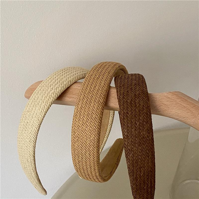Handmade Weaving Straw Headband Cross Women Summer Headwear Wide Rattan Hairband Knot Outdoor Headdress Hair Hoop Solid