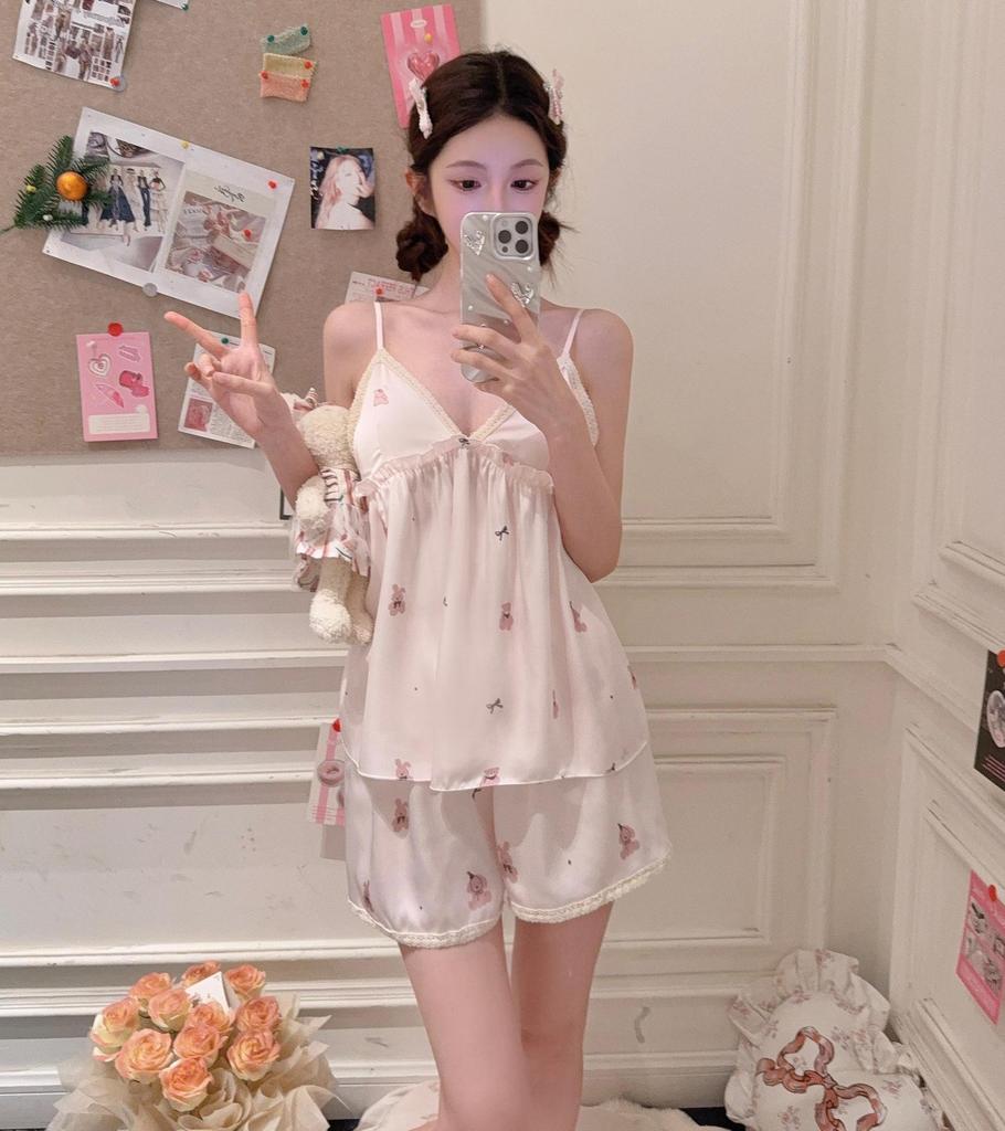 Summer new sweet pure lace floral suspender shorts pajamas ins girl cute loungewear with chest pad