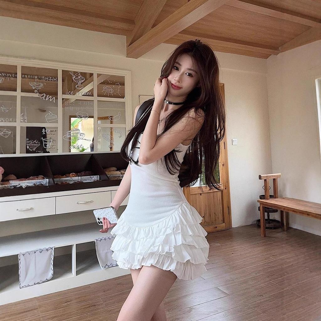 White suspender dress summer new ruffle design splicing thin ballet style a word short