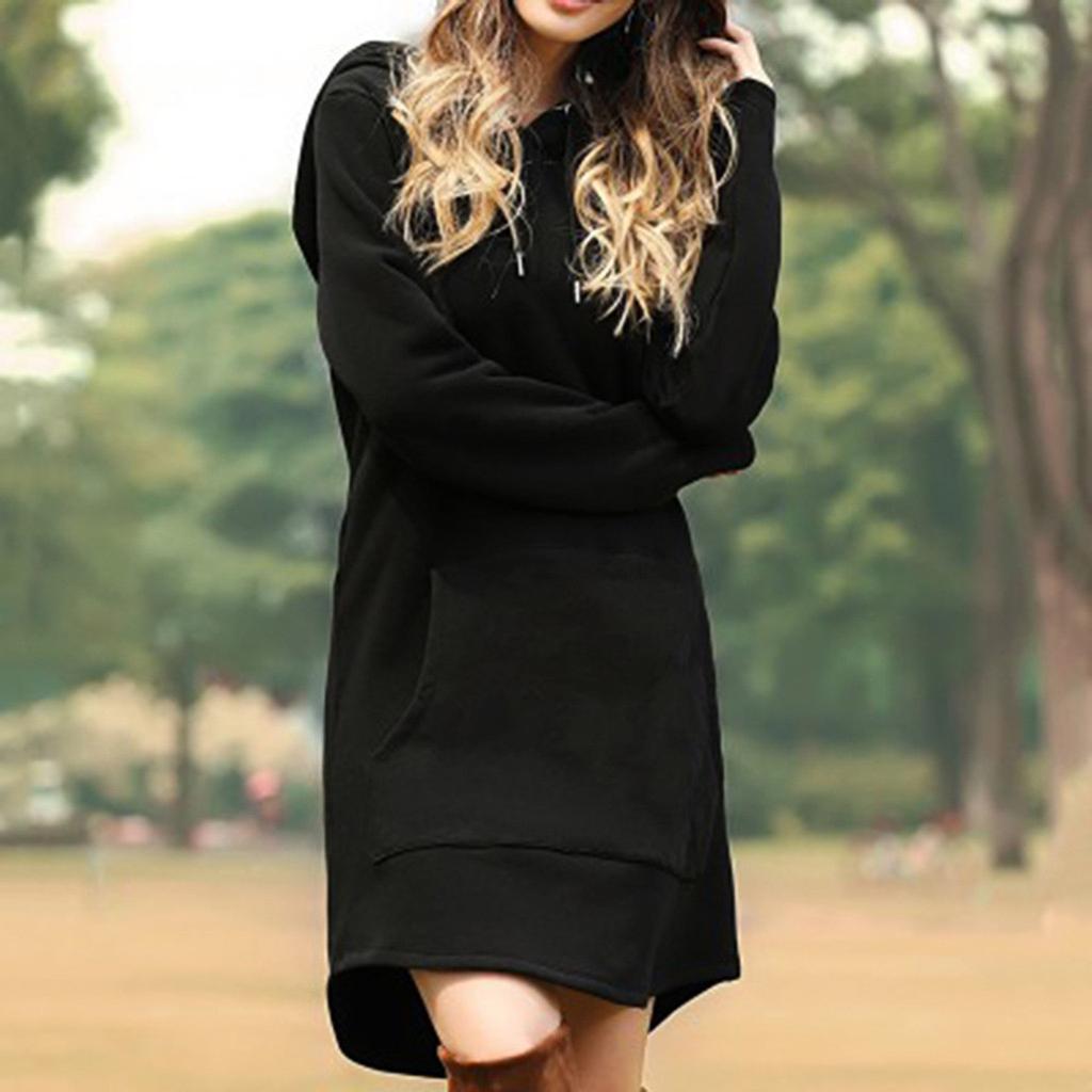 Women Long Length Loose Casual Solid Drawstring Hoodie Pullover With Big Pocket