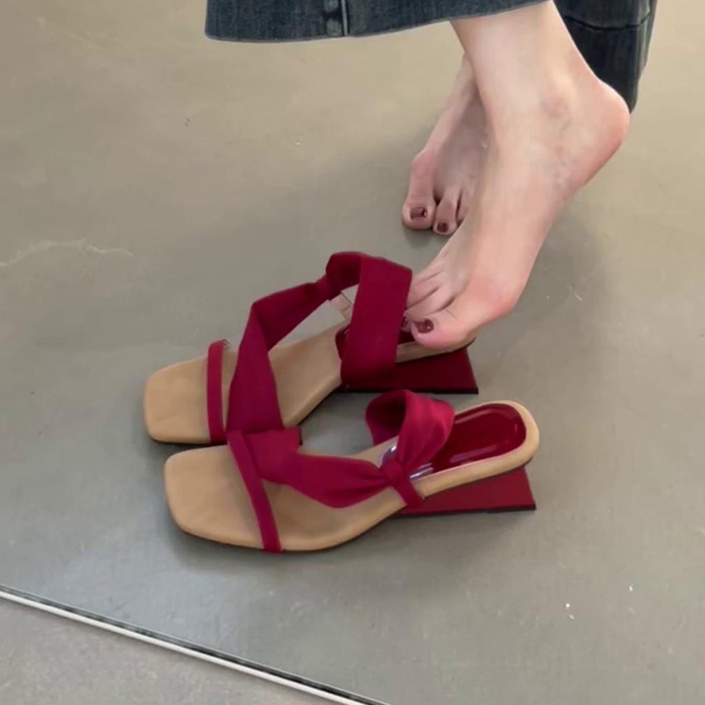 Sheepskin version~ Wedge heel French temperament square head sandals women's word with slippers open toe with skirt high heel cool slippers