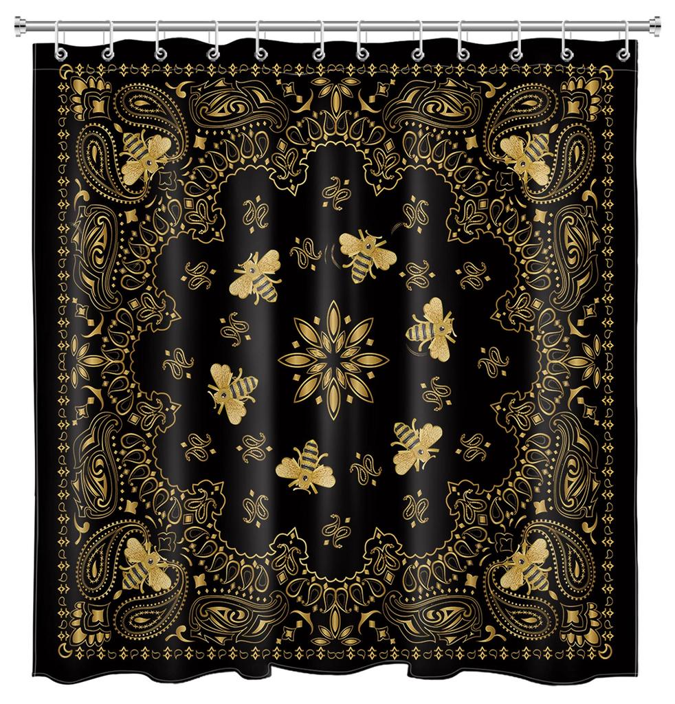 Golden Baroque Symmetrical Shower Curtain, Paisley Bohemian Tribal Ethnic Damask Ornament Luxury Design Bathroom Shower Curtain