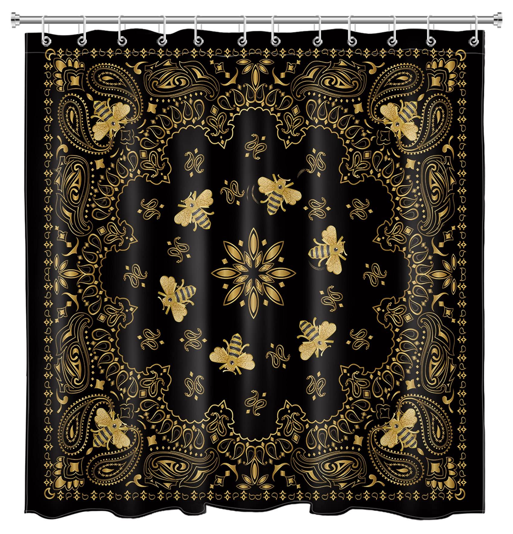 Golden Baroque Symmetrical Shower Curtain, Paisley Bohemian Tribal Ethnic Damask Ornament Luxury Design Bathroom Shower Curtain W60H190(CM)-1 Pcs