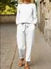 Women's Retro Linen Two-Piece Suit - Casual Spring/Summer Style with Elastic Waist and Drawstring