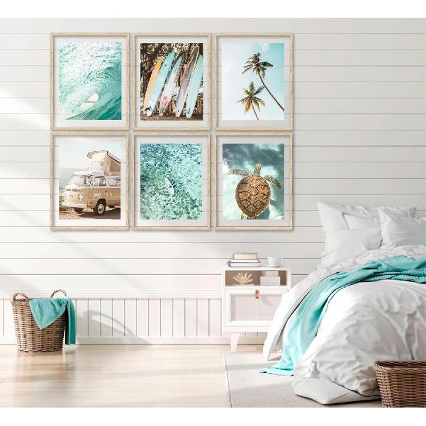 EVPYXFUT Set of 6 Tropical Beach Canvas Wall Art Surf Poster Summer Ocean Coastal Pictures Turtle Print Palm Tree Surfboard Gallery Paintings
