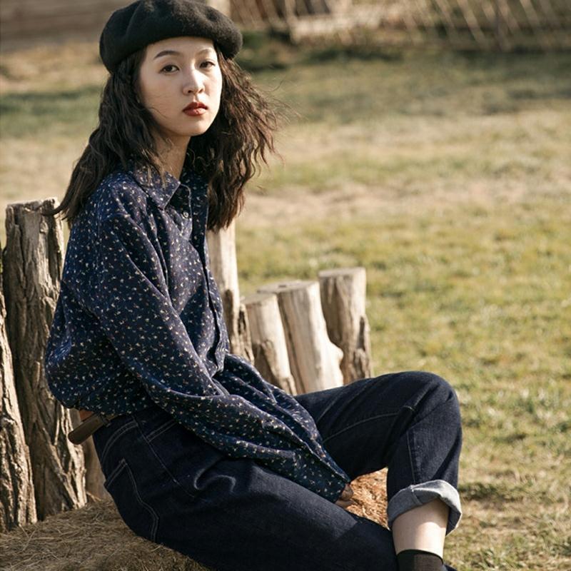 Koszula damska z grubego sztruksu w kwiaty w stylu retro Hong Kong, jesień, nowa, szykowna, z długim rękawem