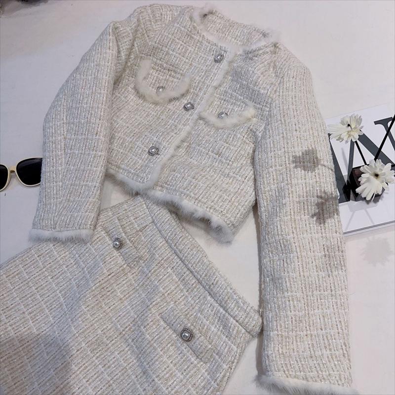 Women's Tweed-Style Suit: Short Coat & Skirt Set for Autumn/Winter