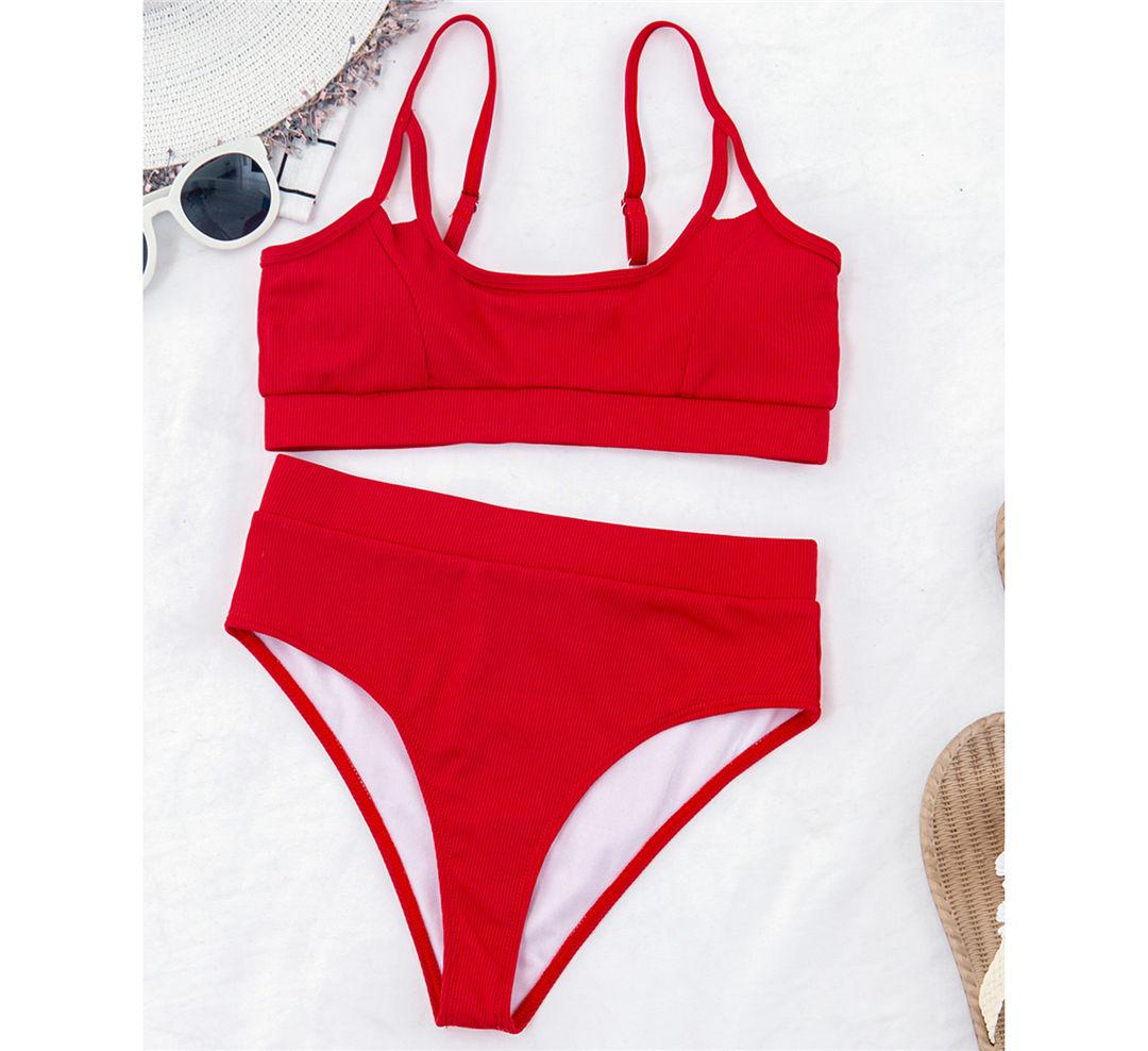 

Сексуальный ребристый бикини с высокой талией, женский купальник, женский купальник из двух частей, комплект бикини с мягкой подкладкой, купальный костюм L красный