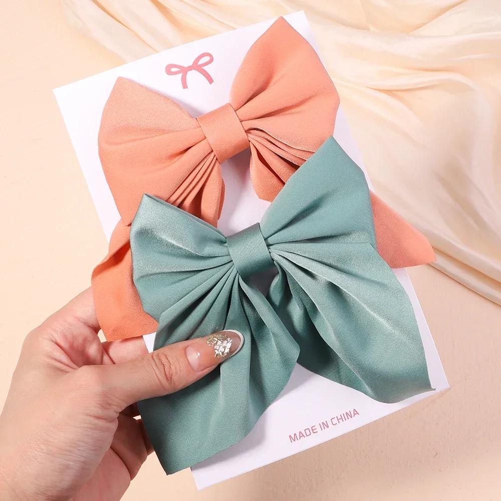 2Pcs/set Sweet Solid Bowknot Hair Clips for Women Girls Ribbon Bows Hairpins Handmade Barrettes Headwear Hair Accessories Gifts