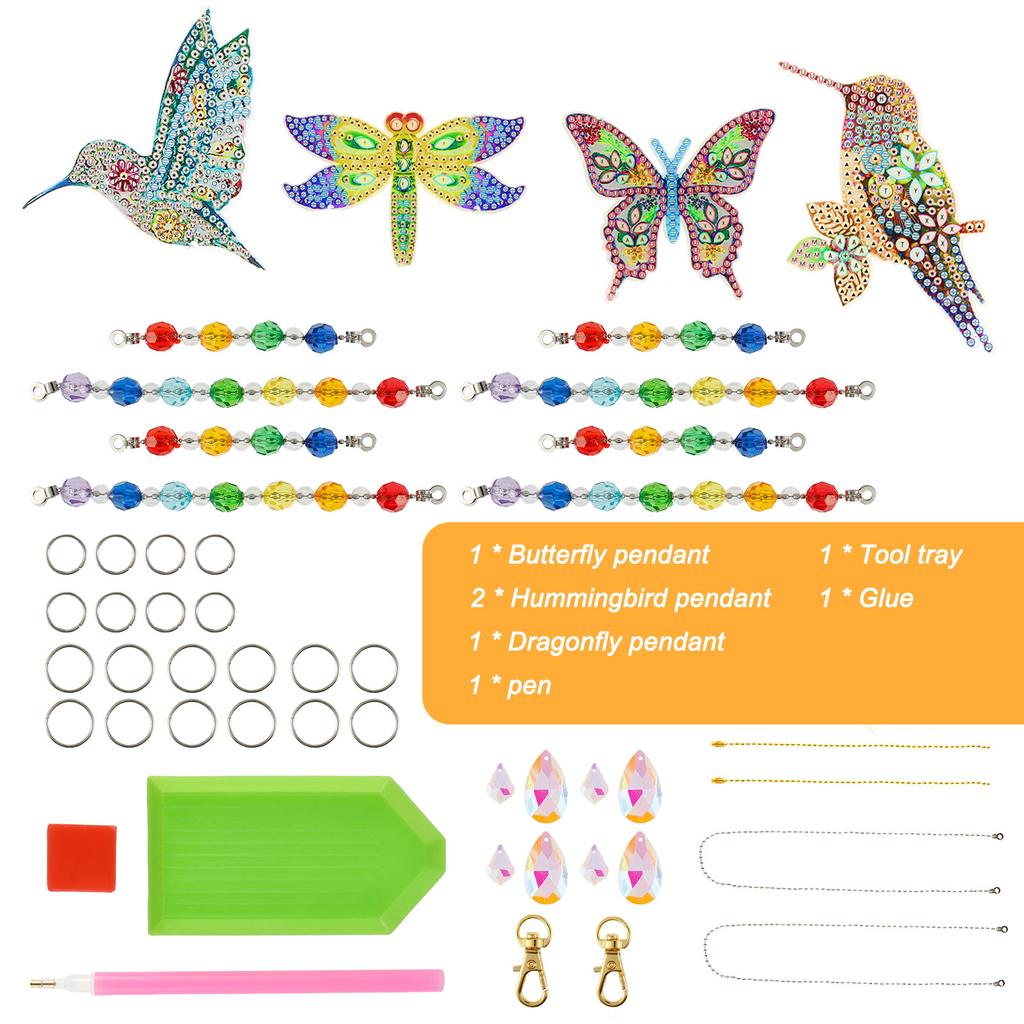 4Pcs Diamond Painting Wind Chime Keychain Hummingbird Dragonfly Butterfly Rhinestone Suncatcher Art Pendant Garden Hanging Decor