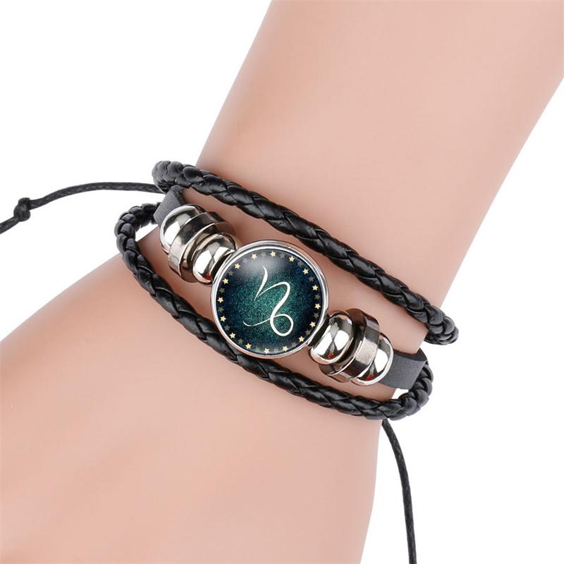 Luminous Twelve Constellation Artificial Gemstone Bracelet ;Beaded Rope Pu Leather 12 Constellation Woven Bracelet