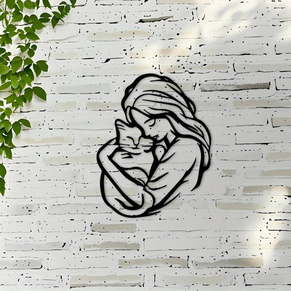 1pc Minimalist Black Line Art Girl Embracing Cat, Modern Wall Decor for Bedroom Living Room, Pet Lover Gift Home Decoration