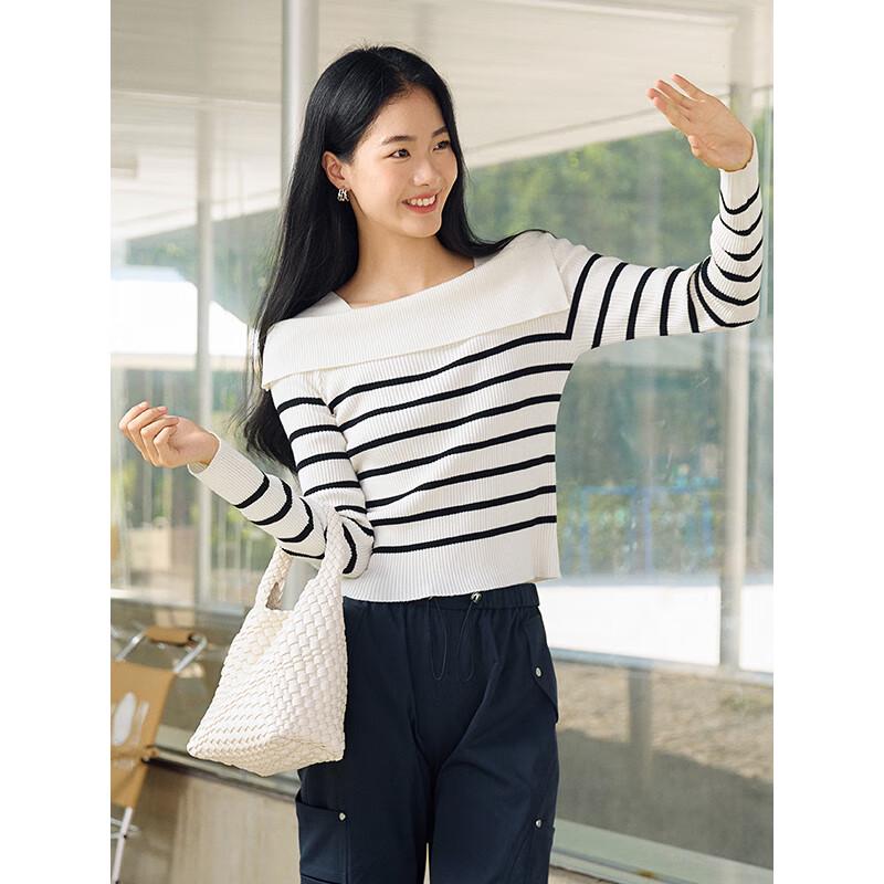 Hotwind Women's 2025 Autumn Off-Shoulder Striped Knit Sweater
