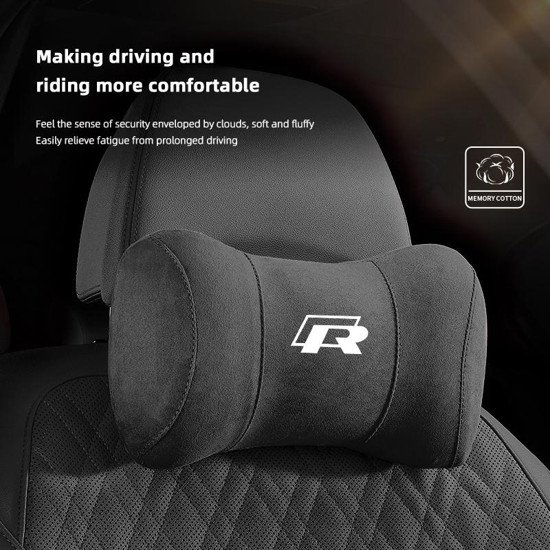 Suede Headrest Car Breathable Memory Foam Neck Pillow For VW Jetta Golf Passat Polo CC Tiguan Arteon Touareg Taigo Caddy Hub Cap EF1