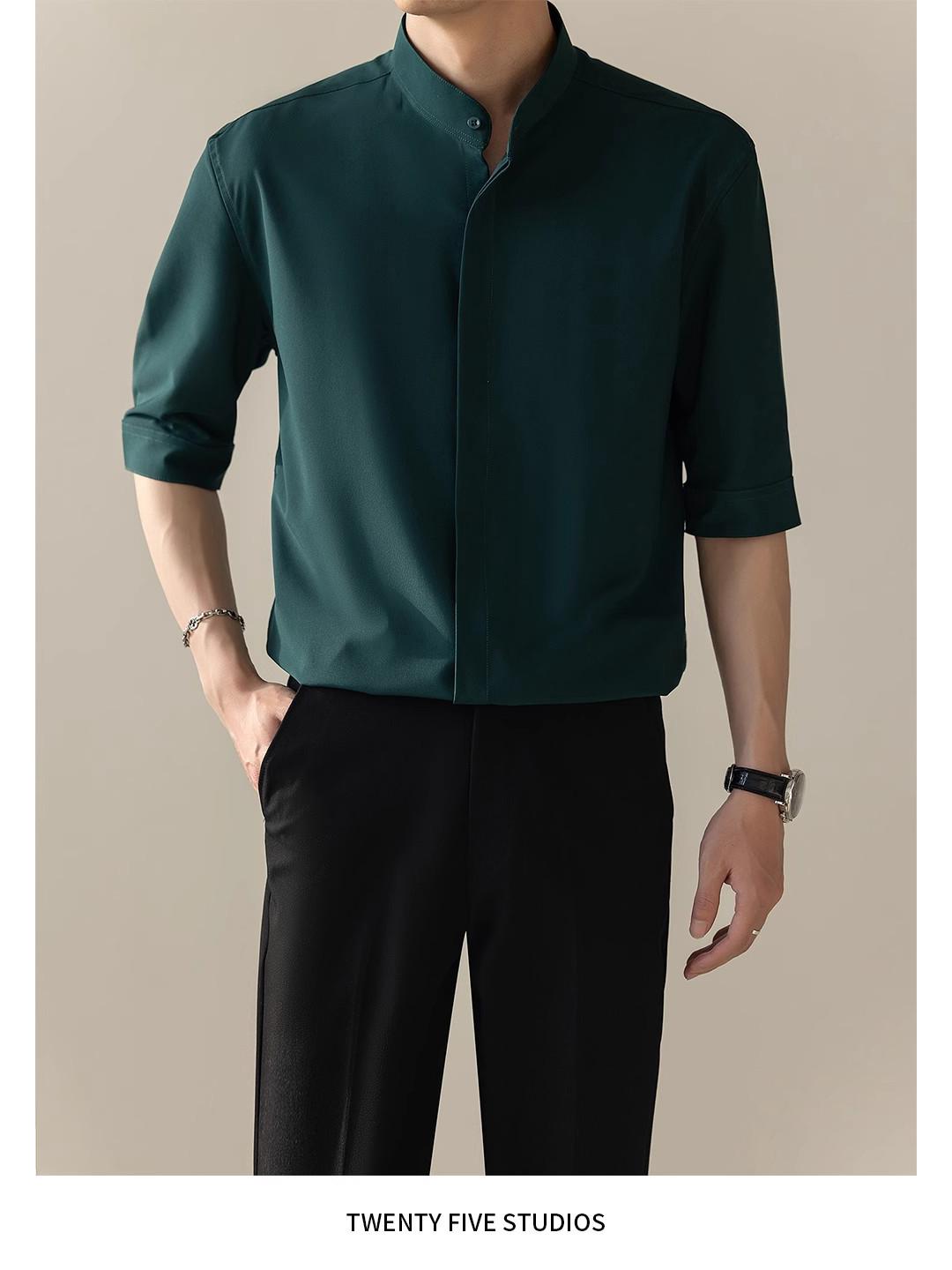 

Мужская рубашка с коротким рукавом из ледяного шелка, новый китайский стиль, облегающий крой, не требует глажки, летний корейский дизайн L зелёный