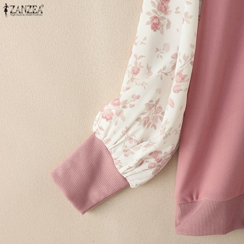 ZANZEA Women Casual Round Neck Splice Long Sleeve Loose Blouse